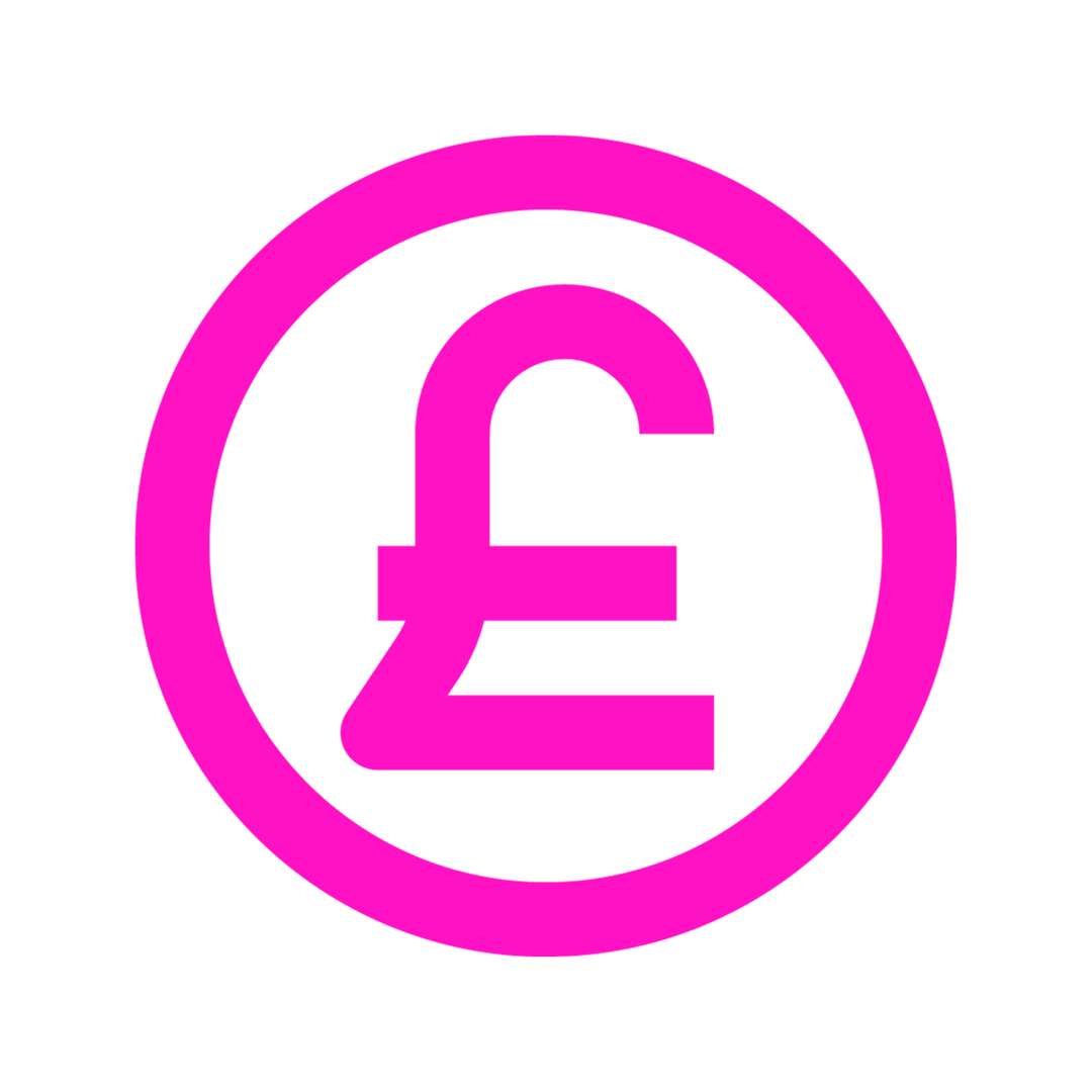 A uk pound symbol in a circle in pink to represent pricing for services