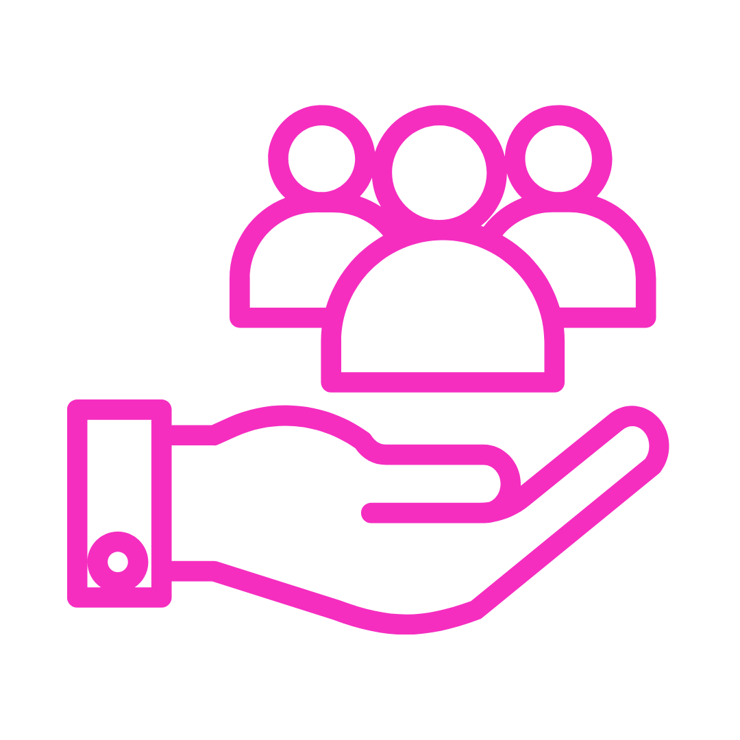 A line graphic in pink of a hand holding people to represent working with all kinds of businesses